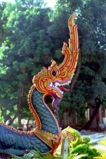 LAOS, Savannakhet, Wat Sainyamungkhun. Detail of Guardian statue in the form of a dragon used to
