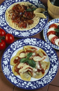 ITALY, Food, "Spaghetti with clams, ravioli and Insalata Caprese"