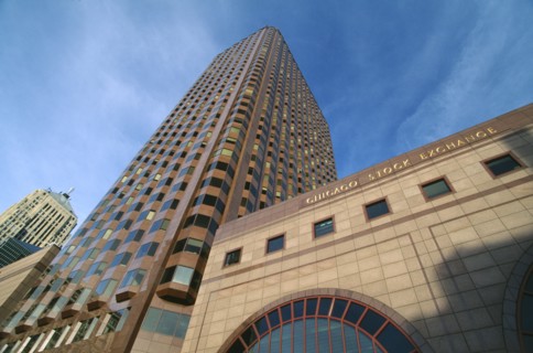 USA, Illinois, Chicago, "Stock Exchange building, exterior facade."