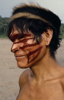 ECUADOR, People, Men, Portrait of Shuar Indian man with painted face. Tribe also known as Jivero