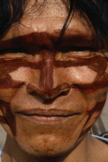 ECUADOR, People, Men, Portrait of Shuar Indian man with painted face. Tribe also known as Jivero
