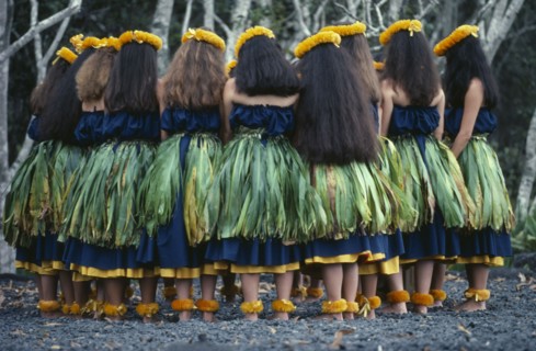 HAWAII, Big Island, Hula, Group of Hula dancers.