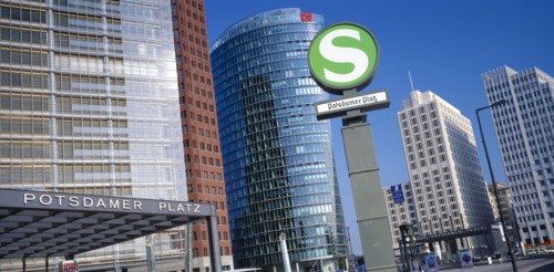 GERMANY, Berlin, Potsdamer Platz railway station exterior and sign