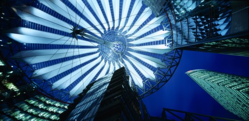 GERMANY, Berlin, Potsdamer Platz. View looking up from the interior of the glass roof of the Sony