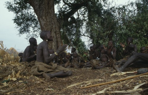 ETHIOPIA, Tribal People, Mursi tribe attending tribal prayer meeting.