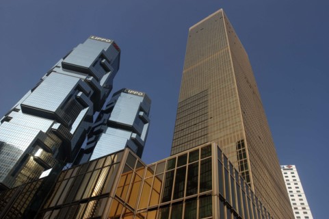 HONG KONG, General, Angled view looking up at city skyscrapers