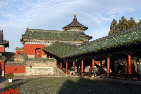 CHINA, Beijing, Tiantan Park, aka The Temple of Heaven. View of the red and green rooved