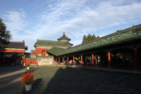 CHINA, Beijing, Tiantan Park, aka The Temple of Heaven. View of the red and green rooved