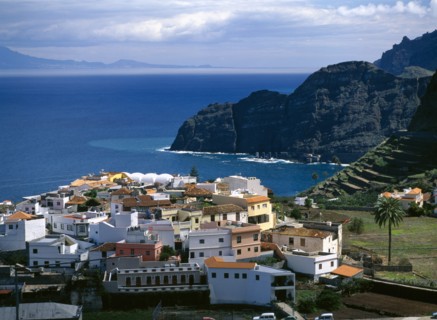 SPAIN, Canary Islands, La Gomera, "Agulo.  White yellow and orange painted houses with tiled