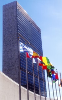 USA, New York State, New York City, United Nations Building with flags
