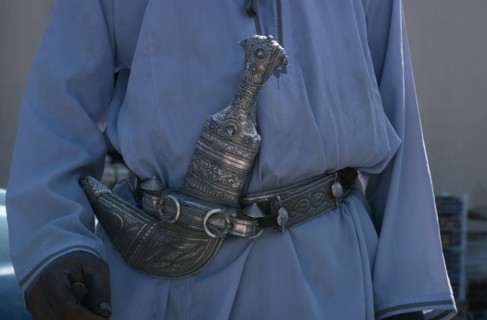 OMAN, General, Detail of traditional silver curved dagger or khanjar worn at the waist by Omani men