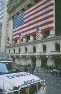 USA, New York, Manhattan, The Stock Exchange on Wall Street with columns draped with Stars and