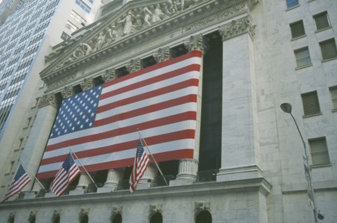 USA, New York, Manhattan, The Stock Exchange on Wall Street with columns draped with Stars and