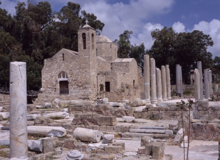 CYPRUS, Ayia Kyriaki, Twelth century Byzantine church.  Part restored exterior in area of fallen
