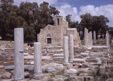 CYPRUS, Ayia Kyriaki, Twelth century Byzantine church.  Part restored exterior in area of fallen