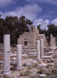 CYPRUS, Ayia Kyriaki, Twelth century Byzantine church.  Part restored exterior in area of fallen