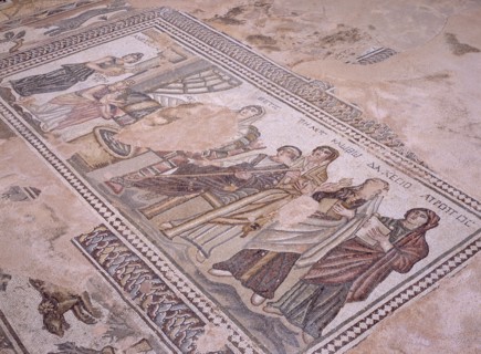 CYPRUS, Paphos, Villa of Theseus.  Detail of mosaic depicting group of people and child.