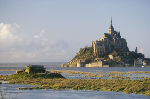 FRANCE, Normandy, Mont St Michel, View towards the island and church
