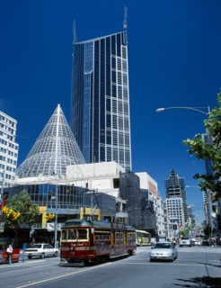 AUSTRALIA, Victoria, Melbourne, City Circle Tram in La Trobe Street with the Melbourne Central