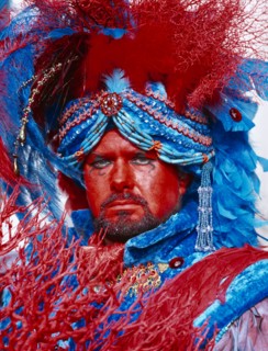 ITALY, Veneto, Venice, Venice Carnevale. Portrait of a man dressed in blue and read feathered