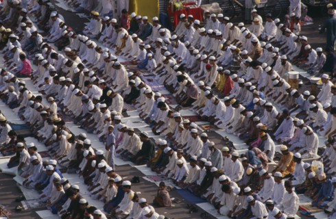 BANGLADESH, Dhaka, Rows of Muslims kneeling in prayer.