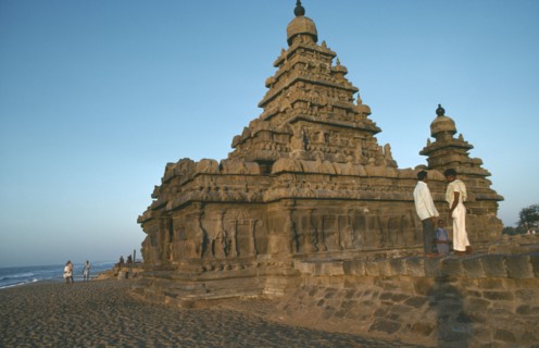 INDIA, Tamil Nadu, Mamallapuram, Shore temples in evening light.