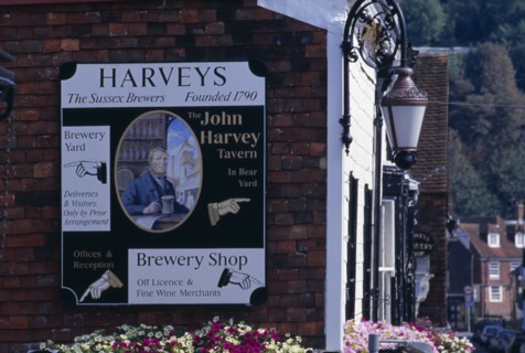 20059202 ENGLAND East Sussex Lewes John Harveys Brewery sign on side of the brewery shop.