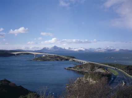 SCOTLAND, Highlands, Isle of Skye, View over the 1.5 mile long Toll Bridge spanning Loch Alsh from