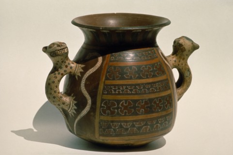 PERU, Archaeology, Inca ceremonial ceramic vessel with handles carved in the form of jaguars.