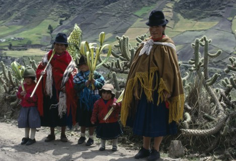 ECUADOR, Cotopaxi, Zumbahua, Family on roadside returning home from Palm Sunday Mass holding woven