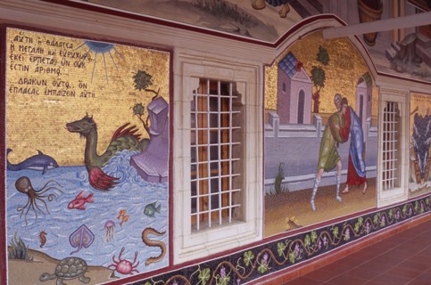 CYPRUS, Troodos Mountains, Kykko Monastery, Detail of brightly coloured mosaics and paintings