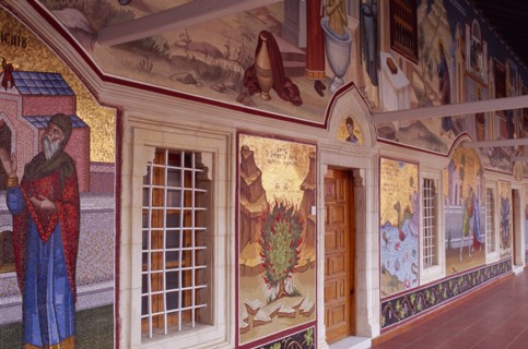 CYPRUS, Troodos Mountains, Kykko Monastery, Detail of brightly coloured mosaics depicting Old