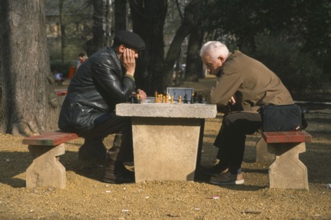 HUNGARY, Budapest, Chess players in park.