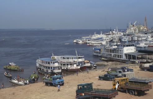 BRAZIL, Amazonas, Manaus, City waterfront on the River Amazon in the dry season.