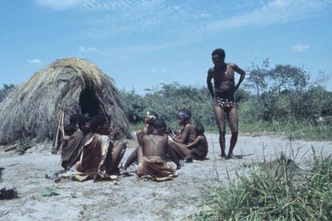 NAMIBIA, Kalahari Desert, Bushmen gathered next to straw hut.