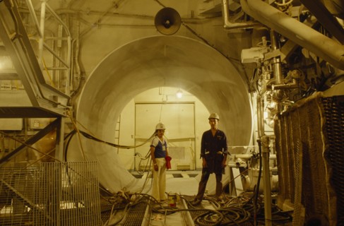 MEXICO, Laguna Verde, Interior of nuclear reactor plant with two male workers.