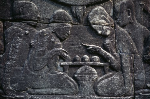 CAMBODIA, Siem Reap Province, Angkor Thom, Bayon.  Bas relief carvings on the south wall depicting