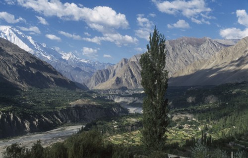 PAKISTAN, Northern Areas, Hunza Valley, View across valley to mountain peaks from the Baltit Fort.