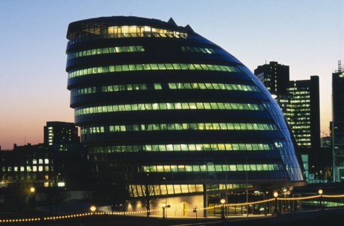 ENGLAND, London, "GLA Building located Southwark, illuminated at dusk"