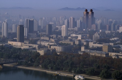 NORTH KOREA, Pyongyang, Cityscape with the Koryo Hotel twin towers amongst other skyscrapers.