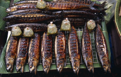 THAILAND, North , Chiang Mai, Lam Yai Market.  Stall displaying grilled fish and bags of dipping