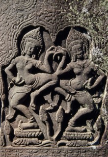 CAMBODIA, Siem Reap Province, Angkor Thom, The Bayon.  Detail of carving of two dancing Asparas
