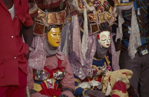 SIERRA LEONE, People, Kaka Devil secret society masked people seated