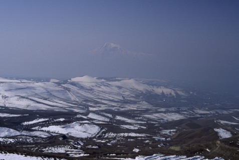 ARMENIA, Mount Ararat, Aerial view over Mount Ararat in Turkey from Vokhchaberd with polluted air