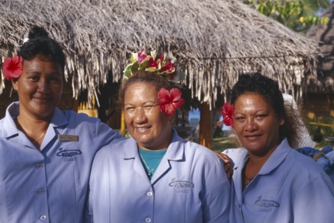 PACIFIC ISLANDS, French Polynesia, Tuamotu Islands, Ringiroa.  Portrait of women workers in hotel