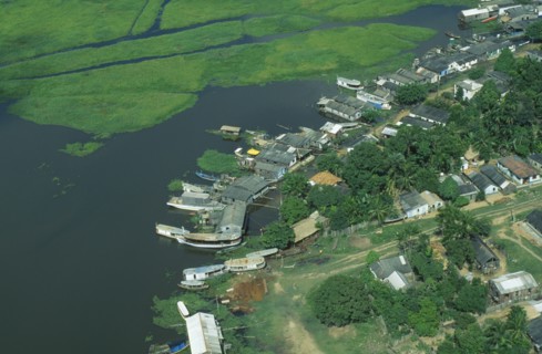 BRAZIL, Para, Obidos, Aerial view over urban home gardens in the Amazon