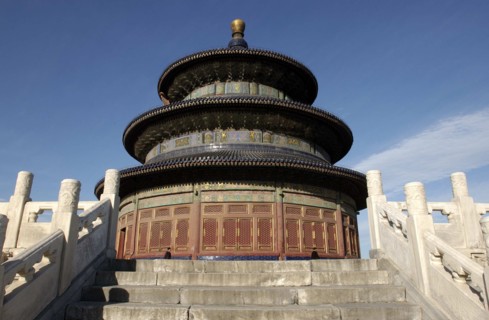 CHINA, Beijing, Tiantan Park, aka The Temple of Heaven. Angled view looking up steps toward the