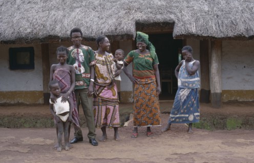 CONGO, Tribal People, Portrait of family group.  Man with two wives and three children.