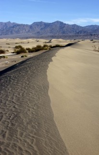 USA, California, Death Valley, View along the ridge of a sand dune in the desert landscape with a
