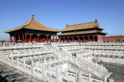 CHINA, Beijing, Forbidden City, Small group of buildings in the complex on a raised level with